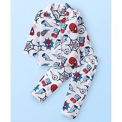 Babyhug Marvel Full Sleeves Front Open Collar Neck Woven Night suit  with Spider Man Print - White