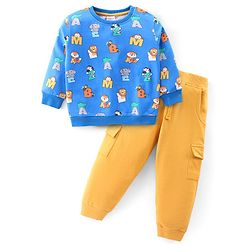 Babyhug Cotton Knit Full Sleeves T-Shirt & Lounge Pants Set With Alphabets & Animals Print - Blue & Yellow