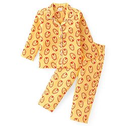 Babyhug Marvel Cotton Woven Full Sleeves Night Suit with Avengers All over Print - Yellow