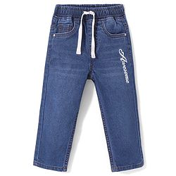 Babyhug Full Length Washed Denim Jeans With Stretch & Text Print - Navy Blue