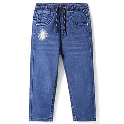 Babyhug Denim Full Length Washed Jeans with Stretch Text Print - Blue