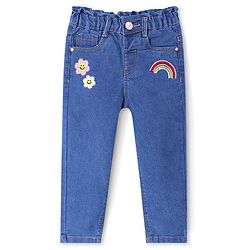Babyhug Denim Full Length Solid Color Jeans with Floral Embroidery - Blue