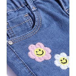 Babyhug Denim Full Length Solid Color Jeans with Floral Embroidery - Blue