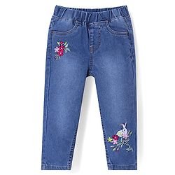 Babyhug Denim Full Length Solid Color Stretchable Jegging with Floral Embroidery - Blue
