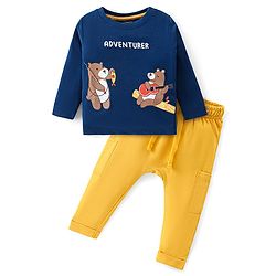 Babyhug Cotton Knit Full Sleeves T-Shirt & Lounge Pants Set With Bears Print - Blue & Yellow