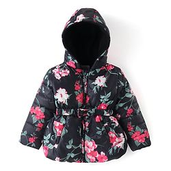 Babyhug Woven Full Sleeves Padded Hooded Jacket With Floral Print & Bow Applique - Black