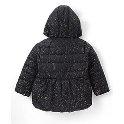 Babyhug Woven Full Sleeves Padded Hooded Jacket With Metallic Print & Bow Applique - Black