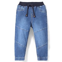 Babyhug Cotton Full Length Denim Washed Solid Colour Joggers with Stretch & Cut & Sew Design - Blue