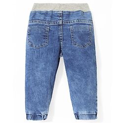 Babyhug Denim Full Length Stretchable Joggers with Bird Embroidery - Blue