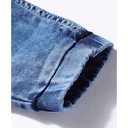 Babyhug Denim Full Length Stretchable Joggers with Bird Embroidery - Blue