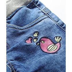 Babyhug Denim Full Length Stretchable Joggers with Bird Embroidery - Blue