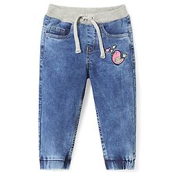 Babyhug Denim Full Length Stretchable Joggers with Bird Embroidery - Blue