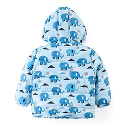 Babyhug Woven Full Sleeves Padded Hooded Jacket with Elephant Print - Blue