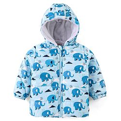 Babyhug Woven Full Sleeves Padded Hooded Jacket with Elephant Print - Blue