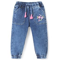 Babyhug Cotton Full Length Denim Washed Stretchable Joggers with Floral Embroidered - Blue