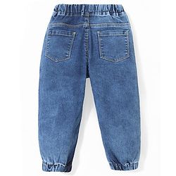 Babyhug Cotton Full Length Denim Washed Stretchable Joggers with Floral Embroidered - Blue