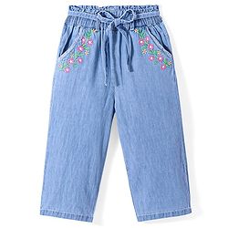 Babyhug Denim Full Length Washed Jeans with Stretch & Floral Embroidery  - Blue