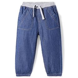 Babyhug Denim Full Length Solid Colour Joggers With Stretch - Blue