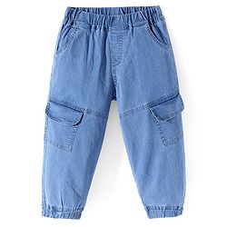 Babyhug Full Length Denim Washed Stretchable Joggers with Cargo Pockets Solid Colour - Blue