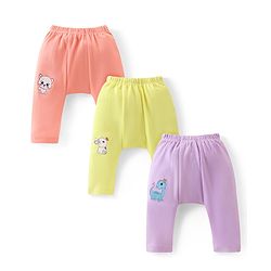 Babyhug Cotton Knit Full Length Anti Microbial Diaper Leggings with Kitty Bunny & Dino Print Pack of 3 - Yellow Purple & Pink