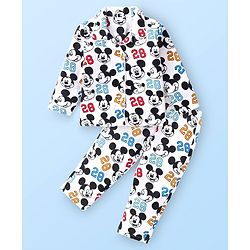 Babyhug Disney Cotton Knit Front Open Full Sleeves Night Suit with Mickey Mouse Print - White