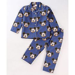 Babyhug Disney Cotton Knit Full Sleeves Front Open Night Suit With Mickey Mouse Print - Blue