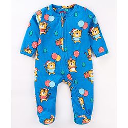 Babyhug Cotton Knit Full Sleeves Sleep Suit With Animals Print - Blue