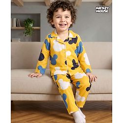Babyhug Disney Cotton Woven Full Sleeves Night Suit with Mickey Mouse Print - Yellow