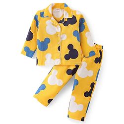 Babyhug Disney Cotton Woven Full Sleeves Night Suit with Mickey Mouse Print - Yellow