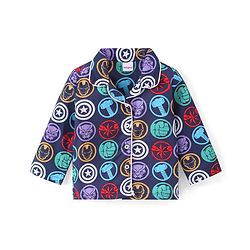 Babyhug Marvel Cotton Woven Full Sleeves Front Open Night Suit with Avengers Print - Navy
