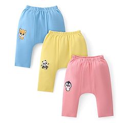 Babyhug Cotton Knit  Anti-Microbial Full Length Diaper Pants with Panda Print Pack of 3 - Blue Pink & Yellow