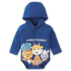 Babyhug 100% Cotton Interlock Knit Full Sleeves Hooded Onesies With Wild Animals Print - Navy Blue
