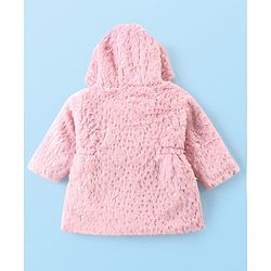Babyhug Woven Full Sleeves Hooded Winter Fur Jacket with Pockets - Pink