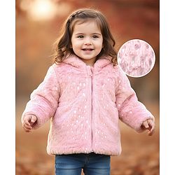 Babyhug Woven Full Sleeves Hooded Winter Fur Jacket with Pockets - Pink