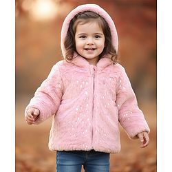 Babyhug Woven Full Sleeves Hooded Winter Fur Jacket with Pockets - Pink