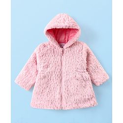 Babyhug Woven Full Sleeves Hooded Winter Fur Jacket with Pockets - Pink