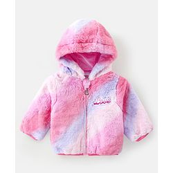 Babyhug Woven Full Sleeves Hooded Fur Jacket Tie & Dye Design & Text Patch Detailing - Purple