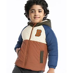 Babyhug Full Sleeves Padded Winter Jacket with Hood & Text Patch- Brown Navy & White