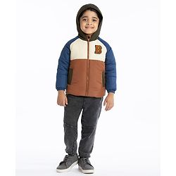 Babyhug Full Sleeves Padded Winter Jacket with Hood & Text Patch- Brown Navy & White