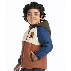 Babyhug Full Sleeves Padded Winter Jacket with Hood & Text Patch- Brown Navy & White