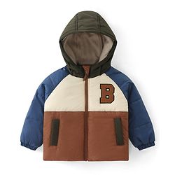 Babyhug Full Sleeves Padded Winter Jacket with Hood & Text Patch- Brown Navy & White