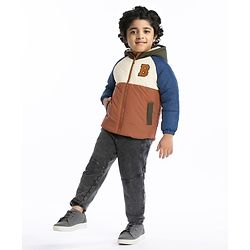 Babyhug Full Sleeves Padded Winter Jacket with Hood & Text Patch- Brown Navy & White