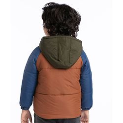 Babyhug Full Sleeves Padded Winter Jacket with Hood & Text Patch- Brown Navy & White