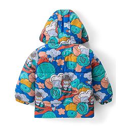 Babyhug Woven Full Sleeves Padded Hooded Jacket With Space Theme Design - Blue
