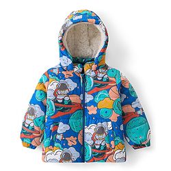 Babyhug Woven Full Sleeves Padded Hooded Jacket With Space Theme Design - Blue