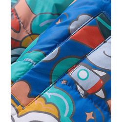 Babyhug Woven Full Sleeves Padded Hooded Jacket With Space Theme Design - Blue