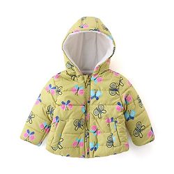 Babyhug Woven Full Sleeves Padded Hooded Jacket With Butterfly Print - Yellow
