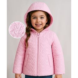 Babyhug Woven Full Sleeves Padded Hooded Jacket With Bunny Detailing - Pink