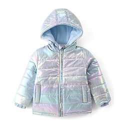Babyhug Full Sleeves Front Open Padded Hooded Jacket with Holographic Design - Blue