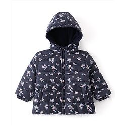 Babyhug Full Sleeves Front Open Padded Hooded Jacket with Floral Print - Blue